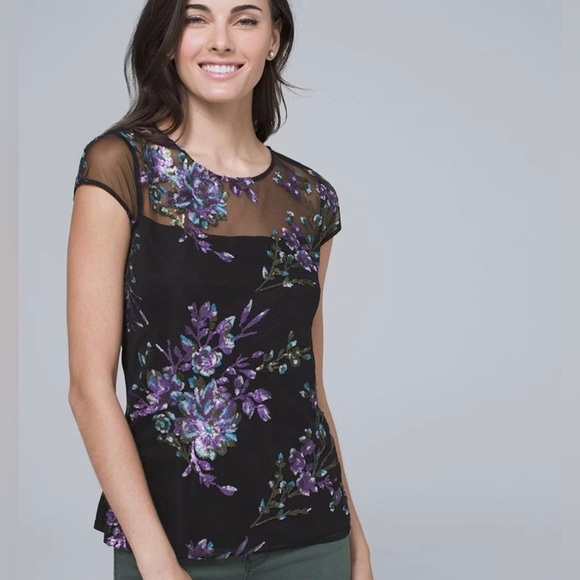 White House Black Market sequin embellished flowers cap sleeve Tee EUC Size S - Picture 6 of 8